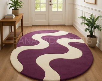 Purple Cream Wavy Round Rug – Modern Abstract Carpet