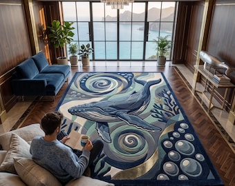 Handgetufteter Wollteppich mit Ozeanwal-Motiv, modernes Wohnzimmer im Küstenstil, Statement-Wohnaccessoire