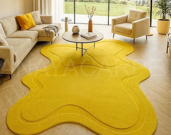 Yellow Abstract Hand Tufted Area Rug, Wavy Organic Shape, Modern Living Room Statement Carpet