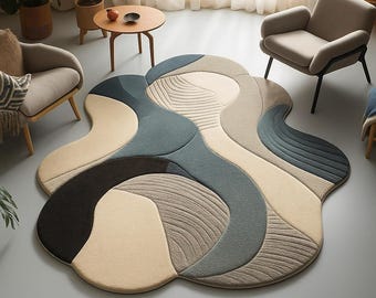 Modern Abstract Area Rug, Blue Beige Gray 3D Wavy Texture