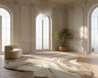 Abstract Wave Area Rug, Modern Cream Beige Tufted Carpet, Irregular Shape Home Decor