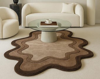 Modern Wavy Brown Rug, Abstract Earth Tones Carpet