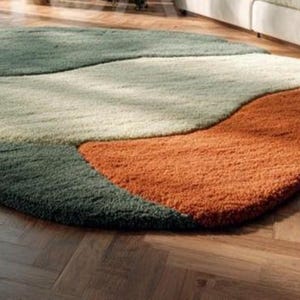 Modern Green  Orange Abstract Area Rug – Irregular Organic Shape Carpet with Retro Earth-Tone Design for Living Room, Bedroom & Home Décor