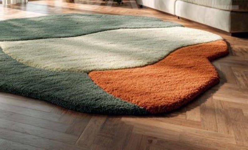Modern Green  Orange Abstract Area Rug – Irregular Organic Shape Carpet with Retro Earth-Tone Design for Living Room, Bedroom & Home Décor