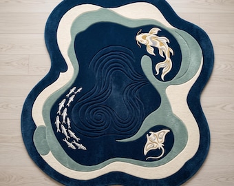 Handgetufteter Teppich mit Koi-Fischmotiv, Wollteppich, japanisch inspiriertes Wohnzimmer-Highlight