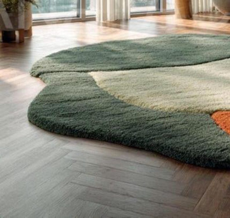 Modern Green  Orange Abstract Area Rug – Irregular Organic Shape Carpet with Retro Earth-Tone Design for Living Room, Bedroom & Home Décor