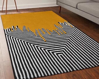 Mustard Yellow Geometric Area Rug, Black White Hand Tufted Modern Living Room Carpet