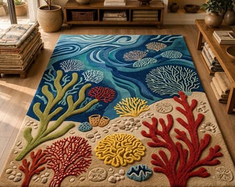 Handgetufteter Teppich „Ocean Coral“, Küstenteppich, Wohnzimmerdekoration, handgefertigter Akzentteppich