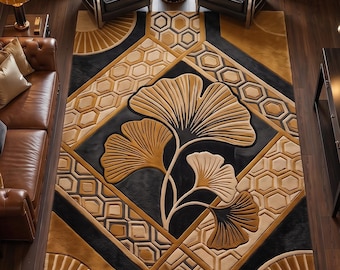 Handgetufteter floraler Teppich, gold-schwarze Art-déco-Geometrie-Dekoration für Wohn- und Schlafzimmer