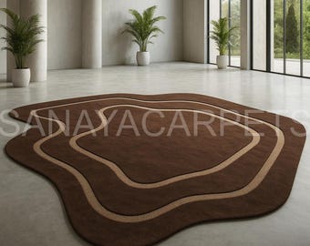 Modern Brown Abstract Area Rug – Organic Wavy Shape, Beige Lines