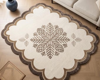 Gesteppter Teppich mit Blumenmuster, handgefertigter Blumenteppich, neutraler Boho-Wohnzimmerteppich