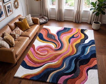 Abstrakter Teppich, handgeknüpfter Wollteppich, farbenfrohes modernes Wohnzimmer-Dekorationselement
