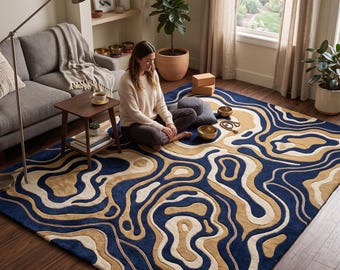 Handgetufteter Wollteppich, moderner Wohnzimmerteppich, abstraktes Design in Marineblau und Gold