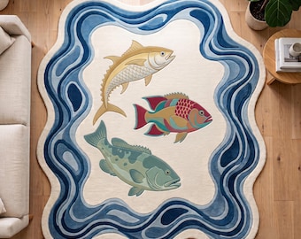 Handgetufteter Fischteppich, Teppich mit Meereswellenmotiv, Küsten-Wohnzimmerteppich, maritime Dekoration