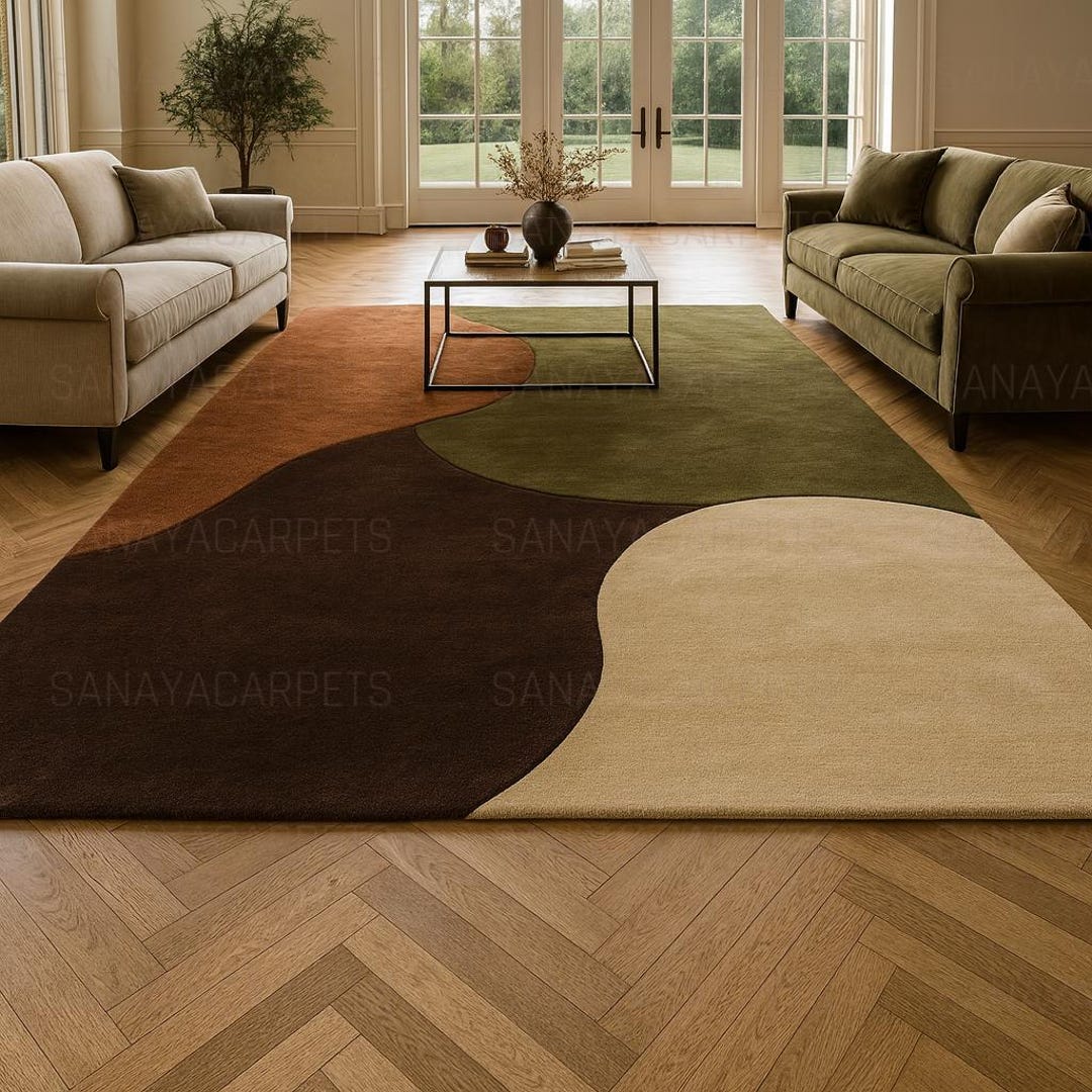 Modern Earth Tone Abstract Area Rug – Brown Green Beige Wavy Shape ...