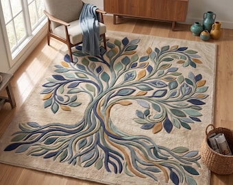 Handgetufteter Teppich „Baum des Lebens“ | Botanischer Teppich | Boho-moderne Wohnzimmerdekoration