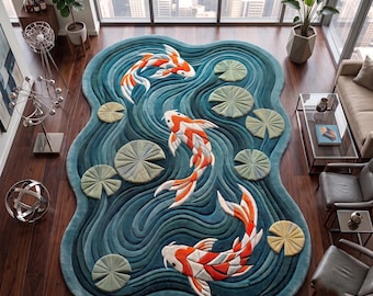 Handgetufteter Wollteppich mit Koi-Karpfen, japanischer Teichteppich
