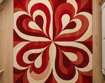 Handgeknüpfter Blumenteppich, roter Retro-Teppich, ausdrucksstarkes Wohnaccessoire, Boho-Wohnzimmerteppich