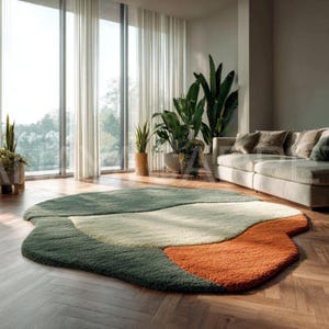Modern Green  Orange Abstract Area Rug – Irregular Organic Shape Carpet with Retro Earth-Tone Design for Living Room, Bedroom & Home Décor