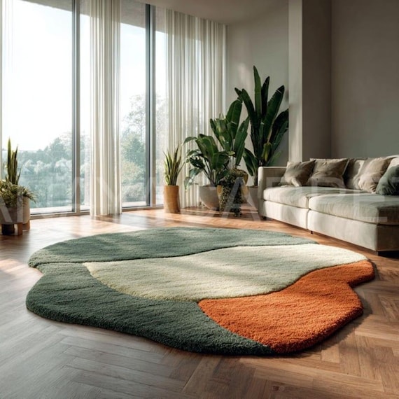 Modern Abstract Organic Rug – Green, Orange, Cream Earth-Tone Carpet