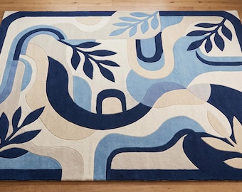 Handgeknüpfter Teppich, marineblauer Teppich, abstraktes botanisches Muster, moderne Wohnzimmerdekoration