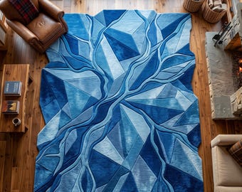 Blauer abstrakter geometrischer Teppich, moderner Statement-Teppich für Wohn- und Schlafzimmer