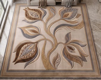 Handgetufteter botanischer Teppich, neutraler Wollteppich, moderner Wohnzimmerteppich, luxuriöse Dekoration