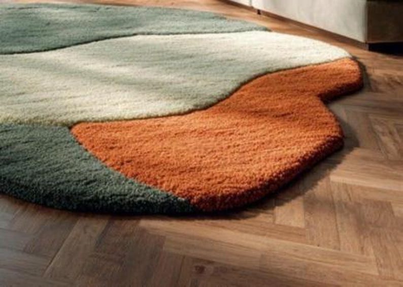 Modern Green  Orange Abstract Area Rug – Irregular Organic Shape Carpet with Retro Earth-Tone Design for Living Room, Bedroom & Home Décor