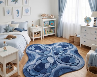 Blauer Ozean-Teppich, handgetufteter Teppich, maritime Kinderzimmerdekoration, abstrakter Wellenteppich
