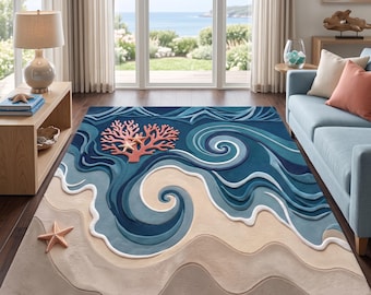 Ocean Wave Hand Tufted Wool Rug Area Carpet Modern Living Room Seaside Decor Art