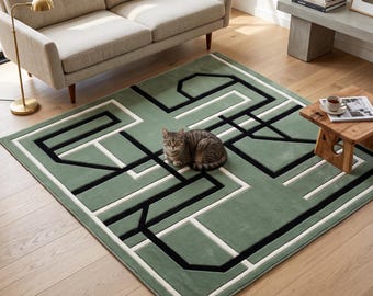 Geometrischer Teppich in Salbeigrün, handgetuftet, moderne abstrakte Wohnzimmerdekoration