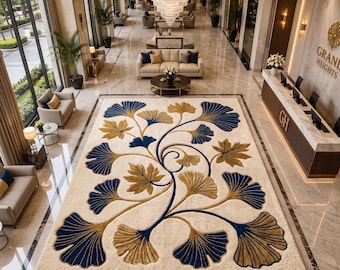 Handgeknüpfter, getufteter Ginkgoblatt-Teppich, Marineblau, Gold, Elfenbein, botanischer Teppich