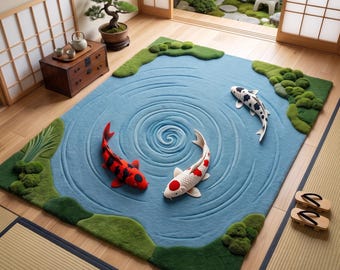 Handgetufteter Teppich mit Koi-Teich-Motiv, japanisches Gartendekor, naturnaher Wohnzimmerteppich
