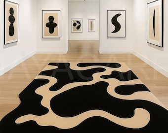 Abstract Black Beige Rug, Hand Tufted Statement Design, Modern Home Decor