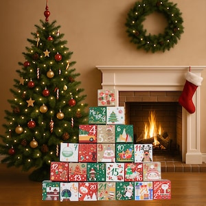 May include: A festive Christmas advent calendar featuring 24 numbered boxes with seasonal illustrations. The boxes are stacked in front of a decorated Christmas tree and a fireplace. The tree is adorned with baubles and lights, creating a warm, inviting scene.