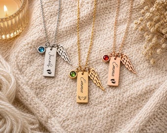 Baby Loss Memorial Keepsake Necklace for Grieving Mother - Miscarriage Gift with Angel Wing & Birthstone, S-049