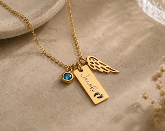 Personalized Miscarriage Memorial Necklace with Birthstone and Angel Wing, Stillborn Remembrance Keepsake, S-049