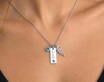 Personalized Miscarriage Memorial Necklace with Birthstone and Angel Wing, Stillborn Remembrance Keepsake, S-049