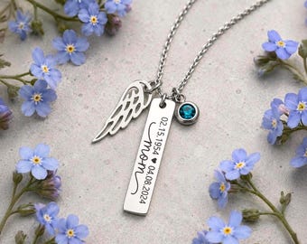 Mother Remembrance Keepsake Necklace for Grieving Daughter - Memorial Pendant with Angel Wing & Birthstone, Loss of Mom Sympathy Gift, S-050
