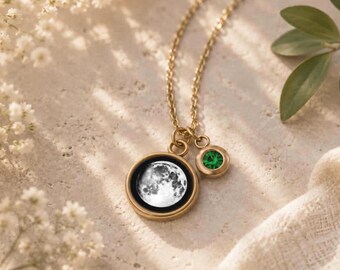 Custom Moon Phase and Birthstone Necklace with Personalized Engraving on Back, Celestial Birthday Gift for Women, S-005