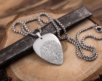 Memorial Guitar Pick Necklace with Actual Fingerprint from Your Photo, Loss of Musician Keepsake Pendant, Thumbprint Jewelry for Him, S-022