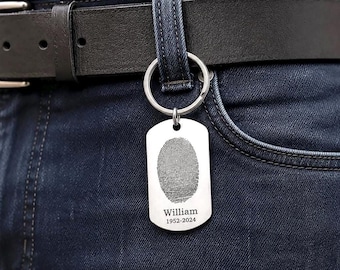 Fingerprint Keepsake for Him, Memorial Dog Tag Keychain with Custom Engraving, Stainless Steel Remembrance Jewelry, S-048