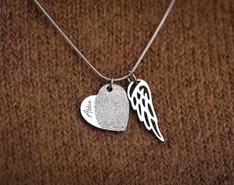 Personalized Memorial Fingerprint Heart Necklace - Keepsake Pendant with Angel Wing and Snake Chain, S-030