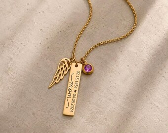 Loss of Mom Memorial Necklaces with Birthstone and Angel Wing, Remembrance Jewelry for Grieving Daughter, S-050