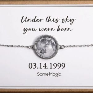 Double Sided Moon Bracelet, Custom Moon Phase and Initial or Star Map by Date and Place, Personalized Birthday Gift for Women, S-065