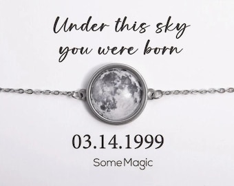 Double Sided Moon Bracelet, Custom Moon Phase and Initial or Star Map by Date and Place, Personalized Birthday Gift for Women, S-065