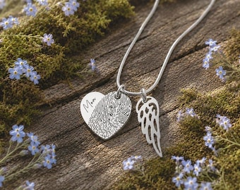 Personalized Memorial Fingerprint Heart Necklace - Mother or Father Keepsake Pendant with Angel Wing, S-030