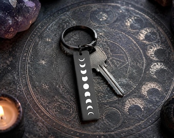 Celestial Keychain with All Phases of the Moon, Full Moon Cycle Keyring for Women, Jewelry Gift for Boyfriend or Girlfriend, S-114