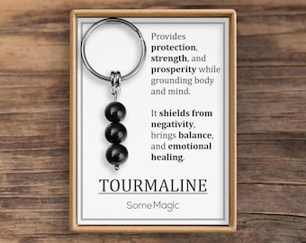 Tourmaline Gemstone Keychain - Black Mineral Crystal Keyring with Meaning Card, Protection and Prosperity Gift, S-235