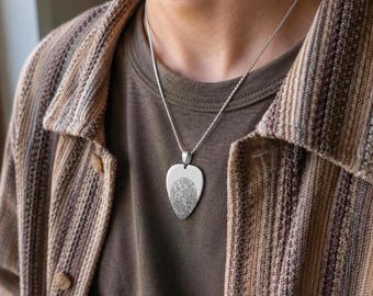 Guitar Pick Necklace with Fingerprint from Your Photo, Loss of Musician Keepsake Pendant, Memorial Thumbprint Jewelry for Him, S-022